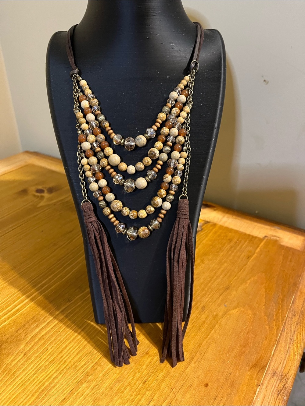 Shyanne western multi strand beaded statement necklace suede tassels 36”